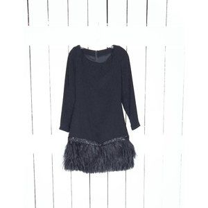 Vintage black long sleeve beaded ostrich feather cocktail dress